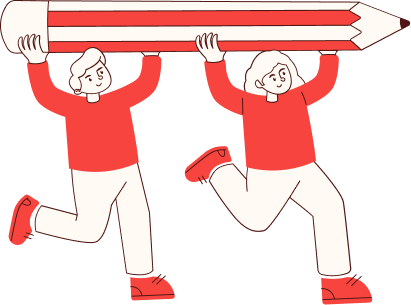 Two illustrated figures carrying a giant pencil, representing Storytelling for Engagement